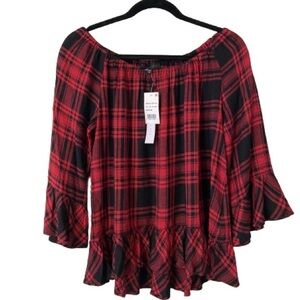 Sanctuary Red and Black Plaid Flannel Frill Top, Size Medium